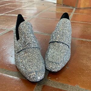 Stuart Weitzman Silver Sparkly Glitter Block Heel Slipon Loafers Size 9